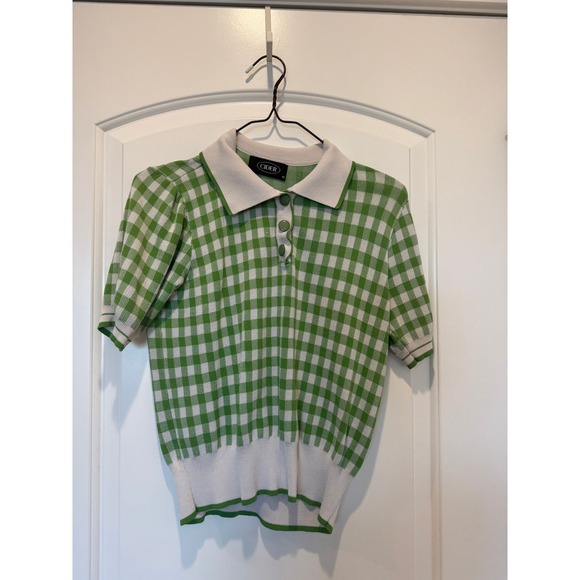 Cider Green Gingham Knit Top Short Sleeve Collared Button Up Shirt M - Picture 1 of 2